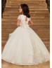 Short Sleeves Ivory Lace Tulle Keyhole Back Flower Girl Dress